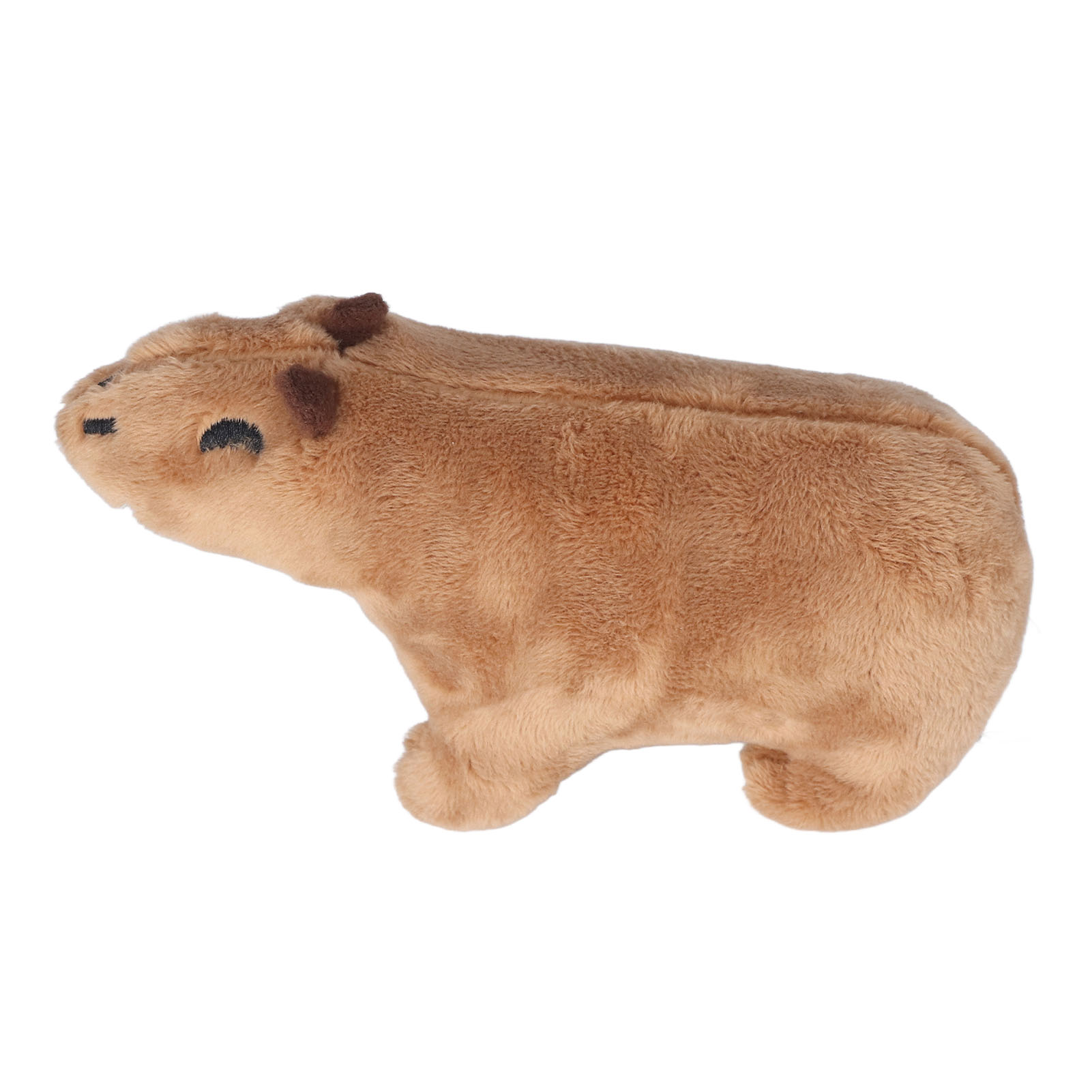 Ein Plüsch-Capybara-Spielzeug, braunes Fell, schwarze Augendetails, kleine Ohren, auf weißem Hintergrund.