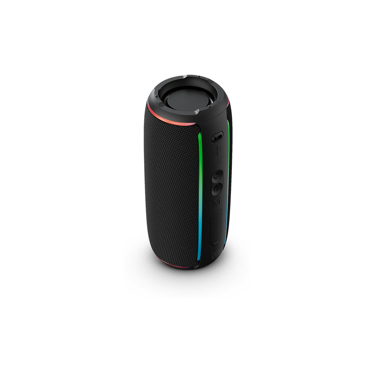 Un altoparlante cilindrico nero con luci a LED colorate. Ha pulsanti laterali e una trama a rete.