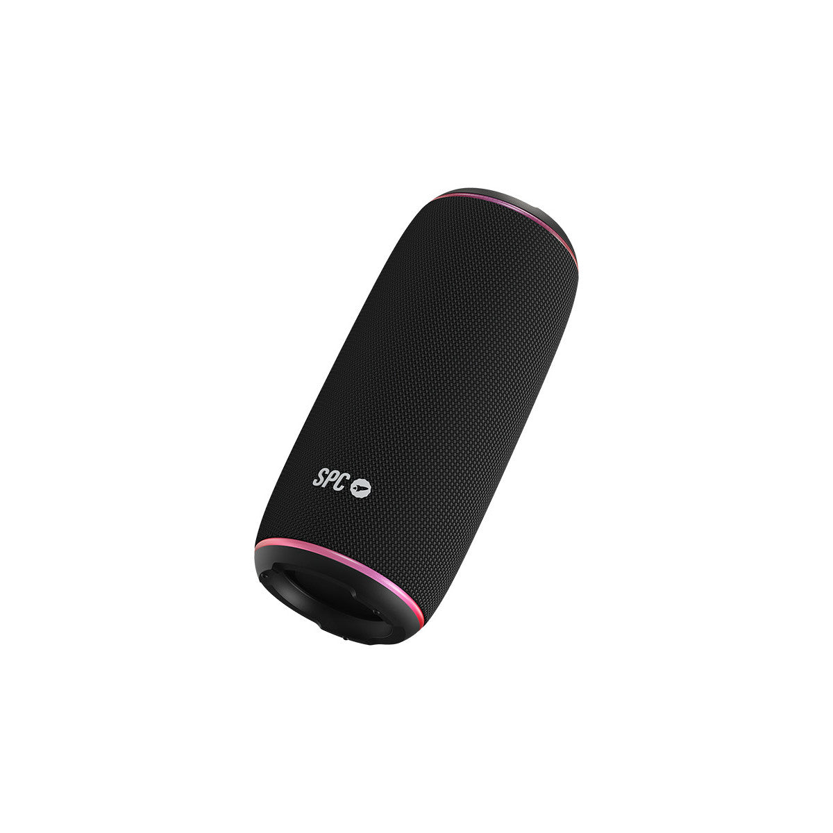 Un altoparlante cilindrico nero con un bordo rosa e nero. L'altoparlante ha il logo "SPC" e uno sfondo bianco.