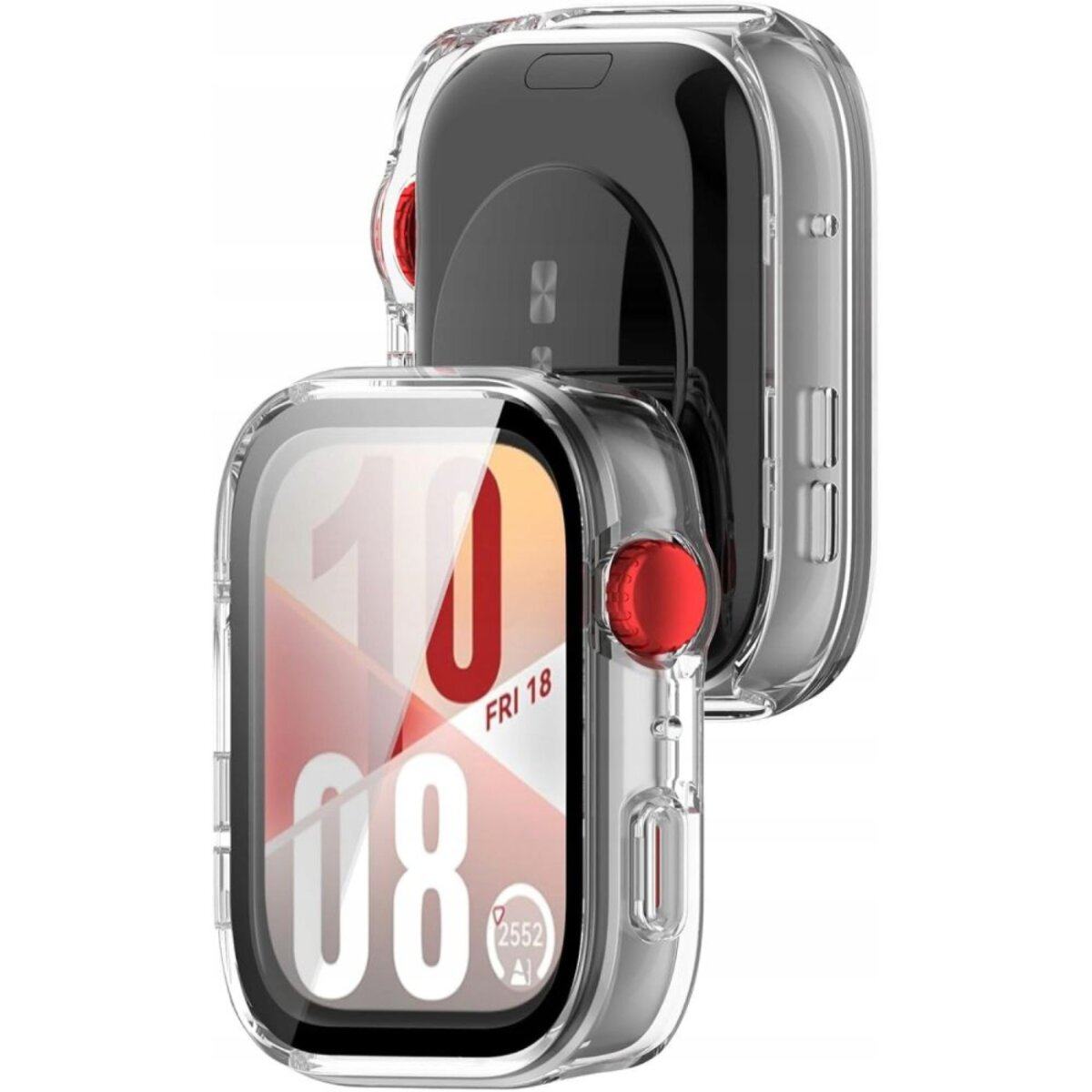 Zwei Apple Watches mit transparenten Schutzhüllen. Eine zeigt die Zeit 10:08, Freitag, 18. Beide haben rote Knöpfe.