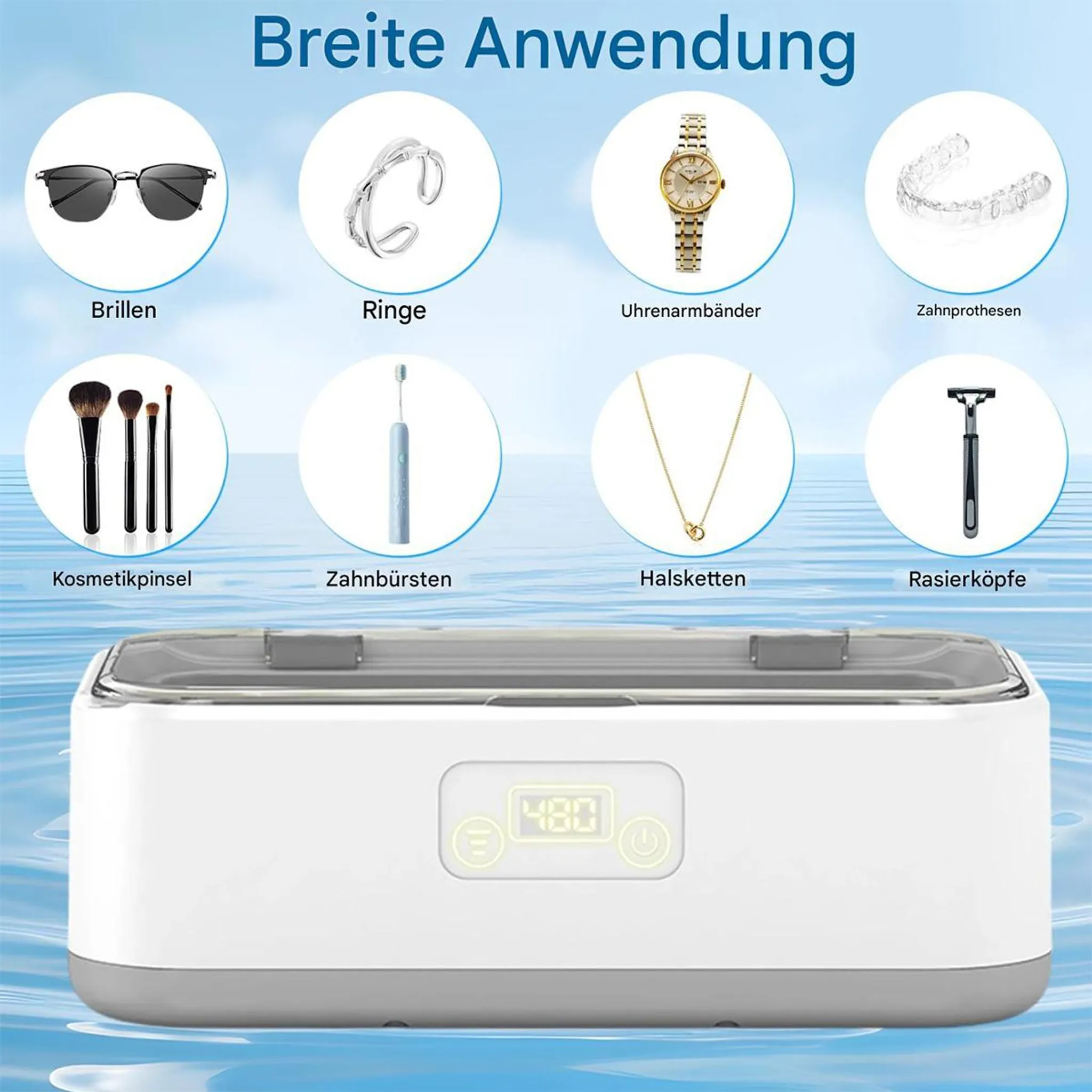 Ein Ultraschallreiniger mit Gegenständen wie Brillen, einem Ring, einer Uhr, Zahnersatz, Bürsten, Zahnbürste und Rasierer.