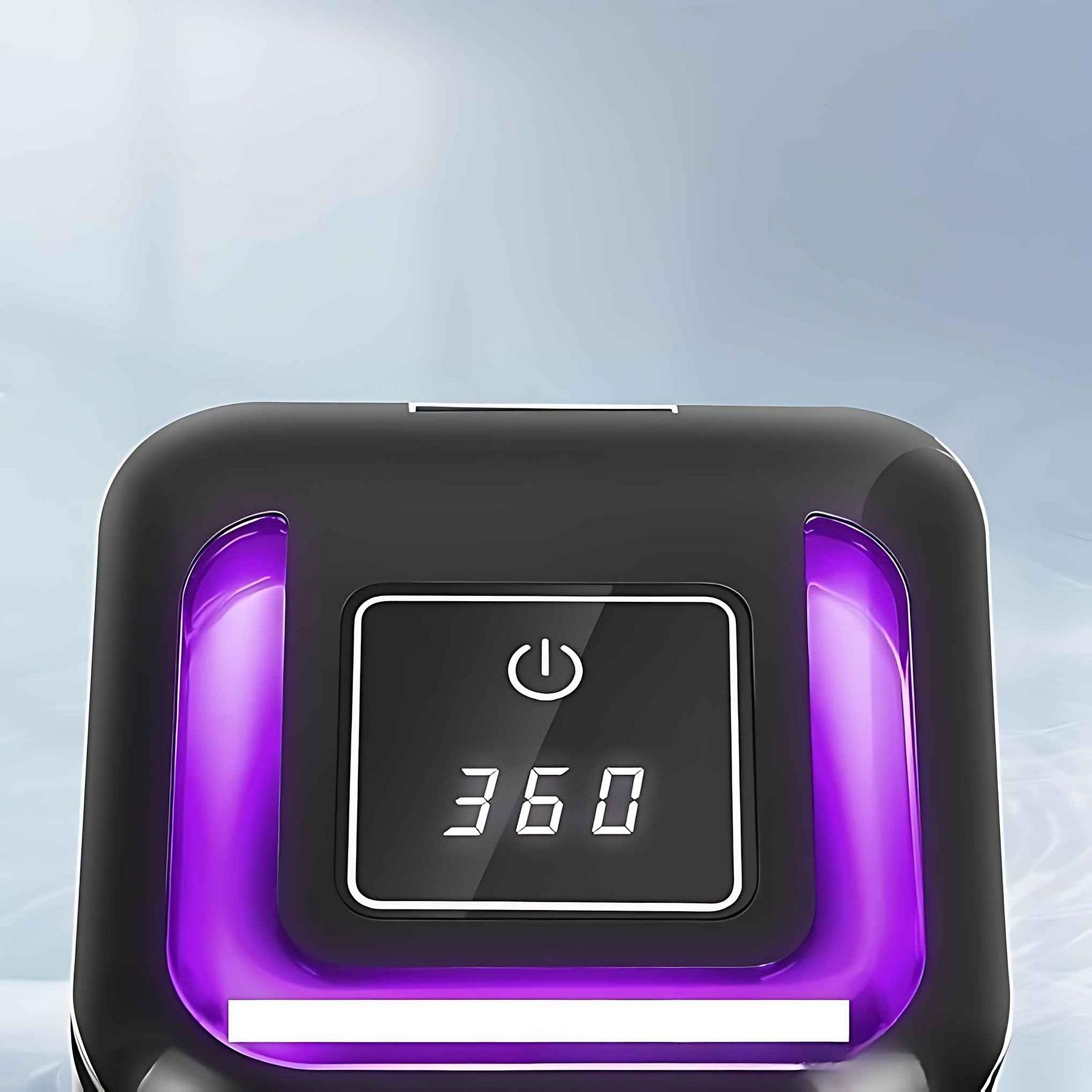 Schwarzes Gerät mit Digitalanzeige, die 360 anzeigt. Violettes Licht strahlt von den Seiten aus. Ein/Aus-Taste ist auf dem Display.