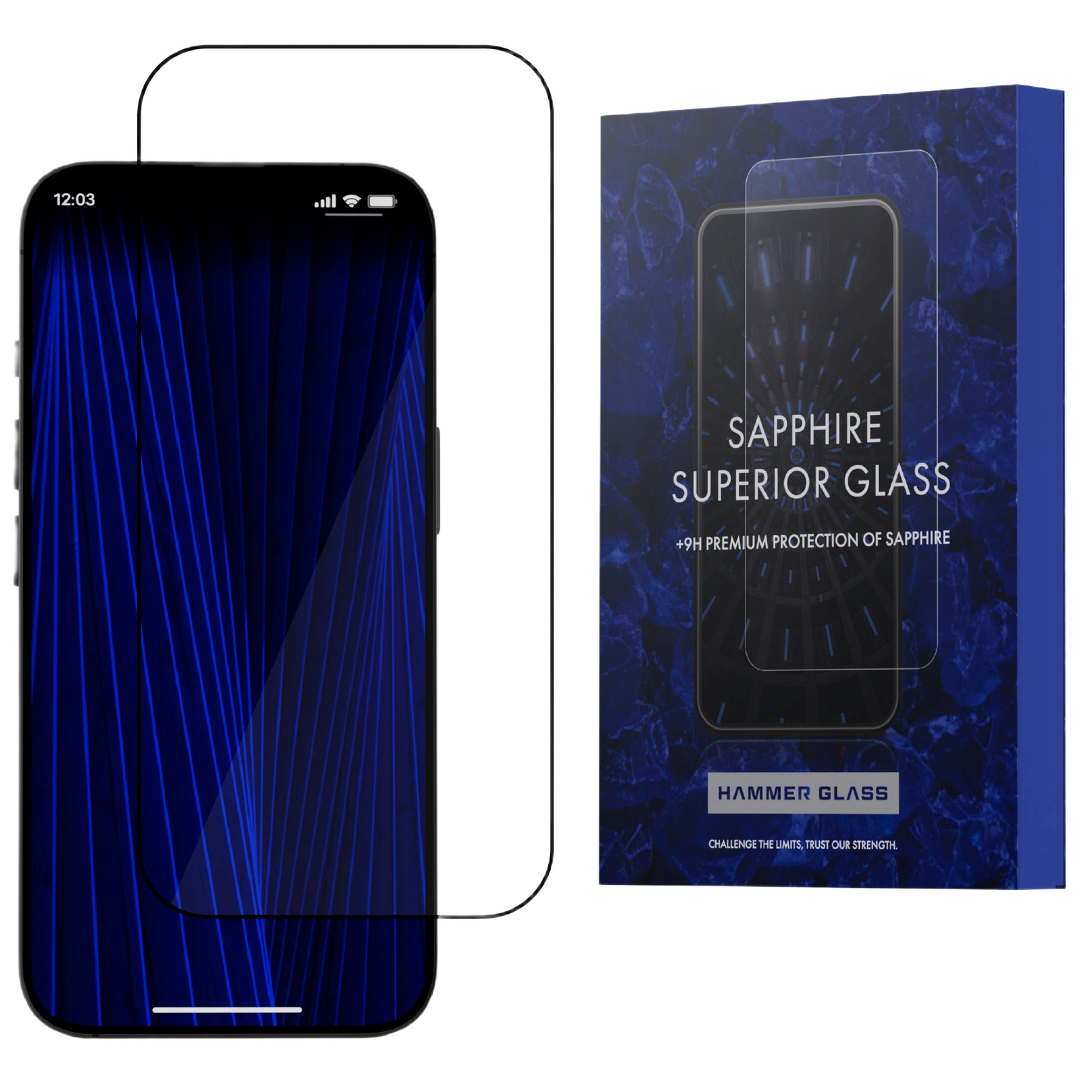 Telefon z ochraniaczem ekranu i pudełkiem. Ekran wyświetla niebieskie linie. Na pudełku napis 'Sapphire Superior Glass'.