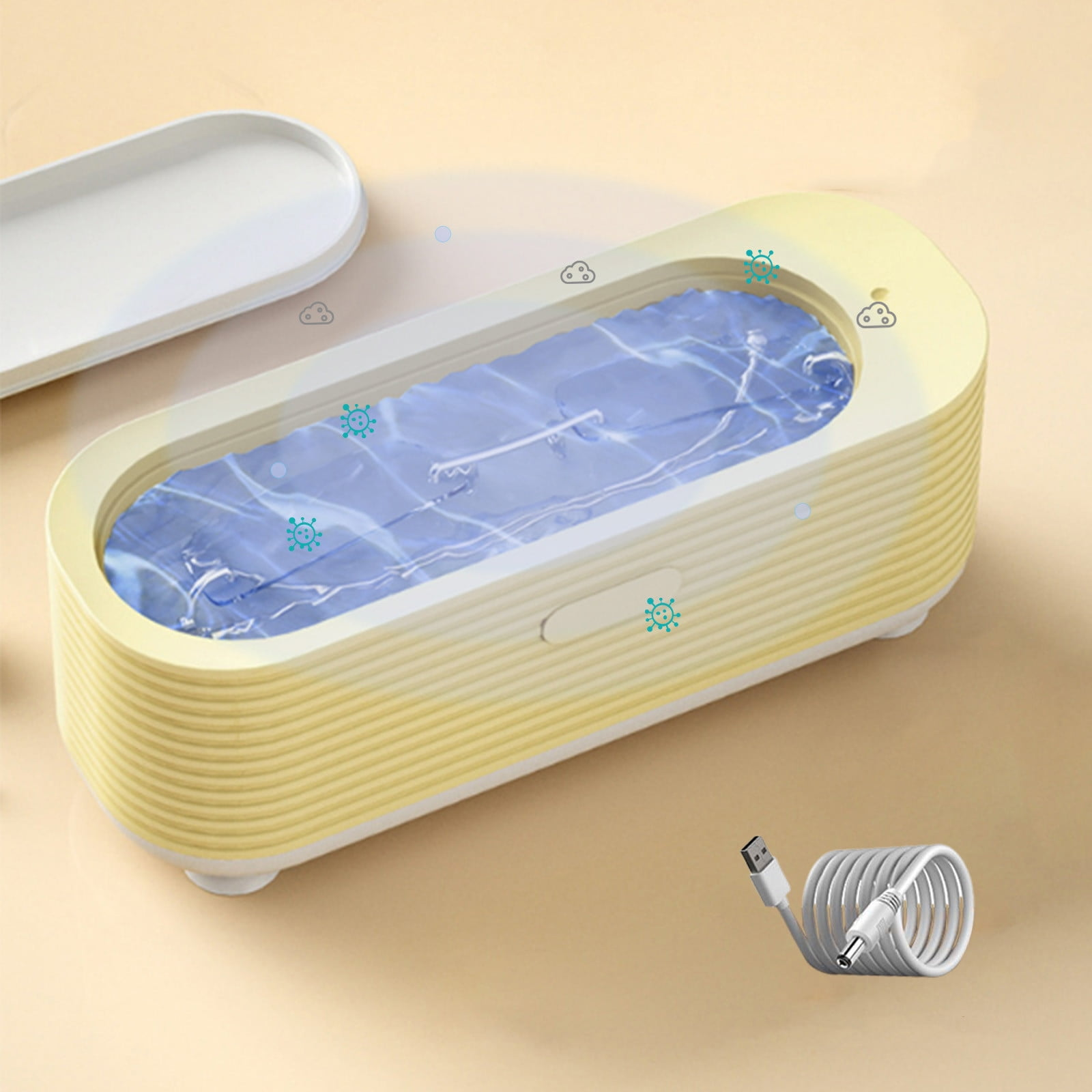 Gelbes Desinfektionsmittel mit Wasser, Deckel und USB-Kabel. Kleine Virusillustrationen sind verstreut.