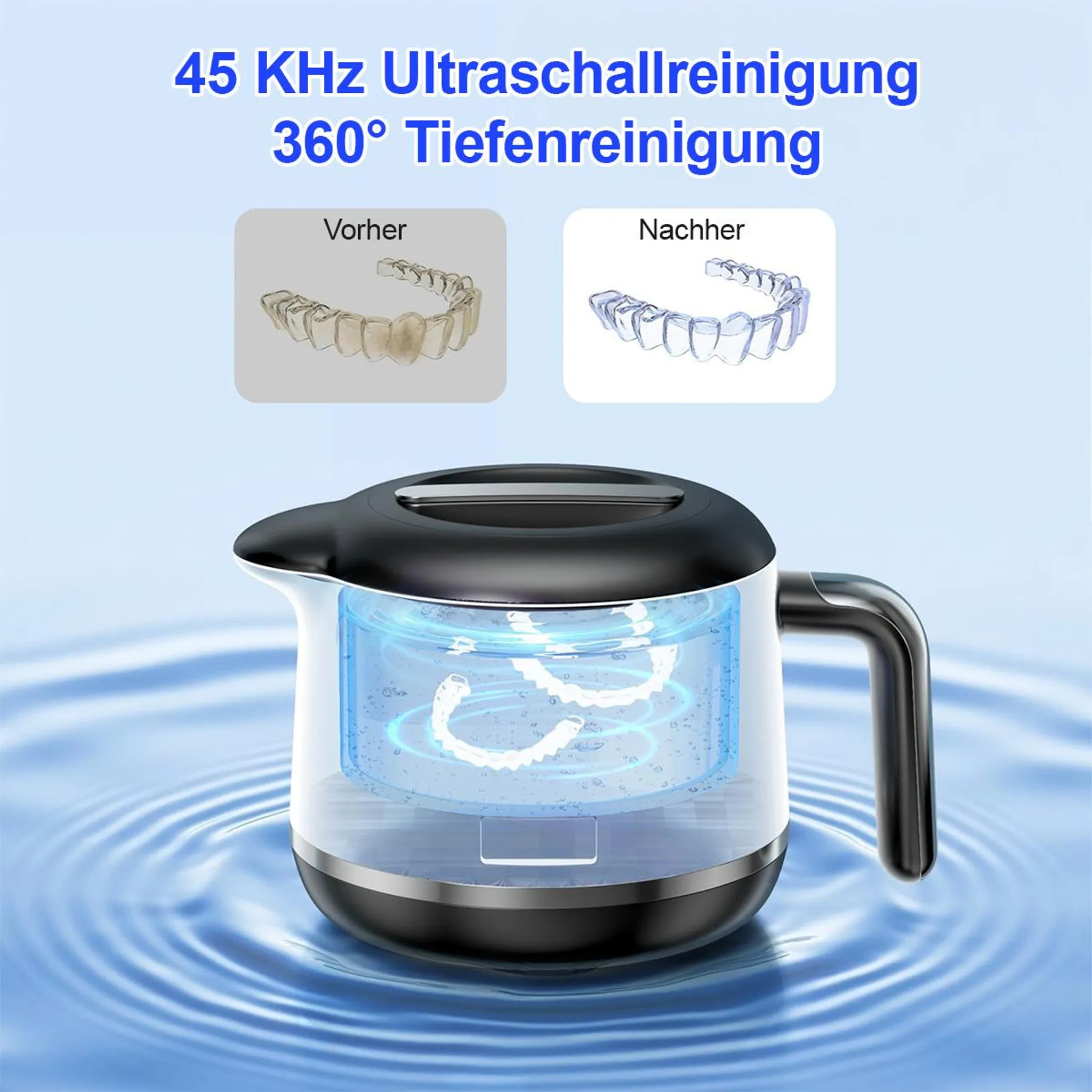 Ein Ultraschallreiniger mit Vorher- und Nachher-Bildern von Zahnschienen. Blauer Wassereffekt im Hintergrund.