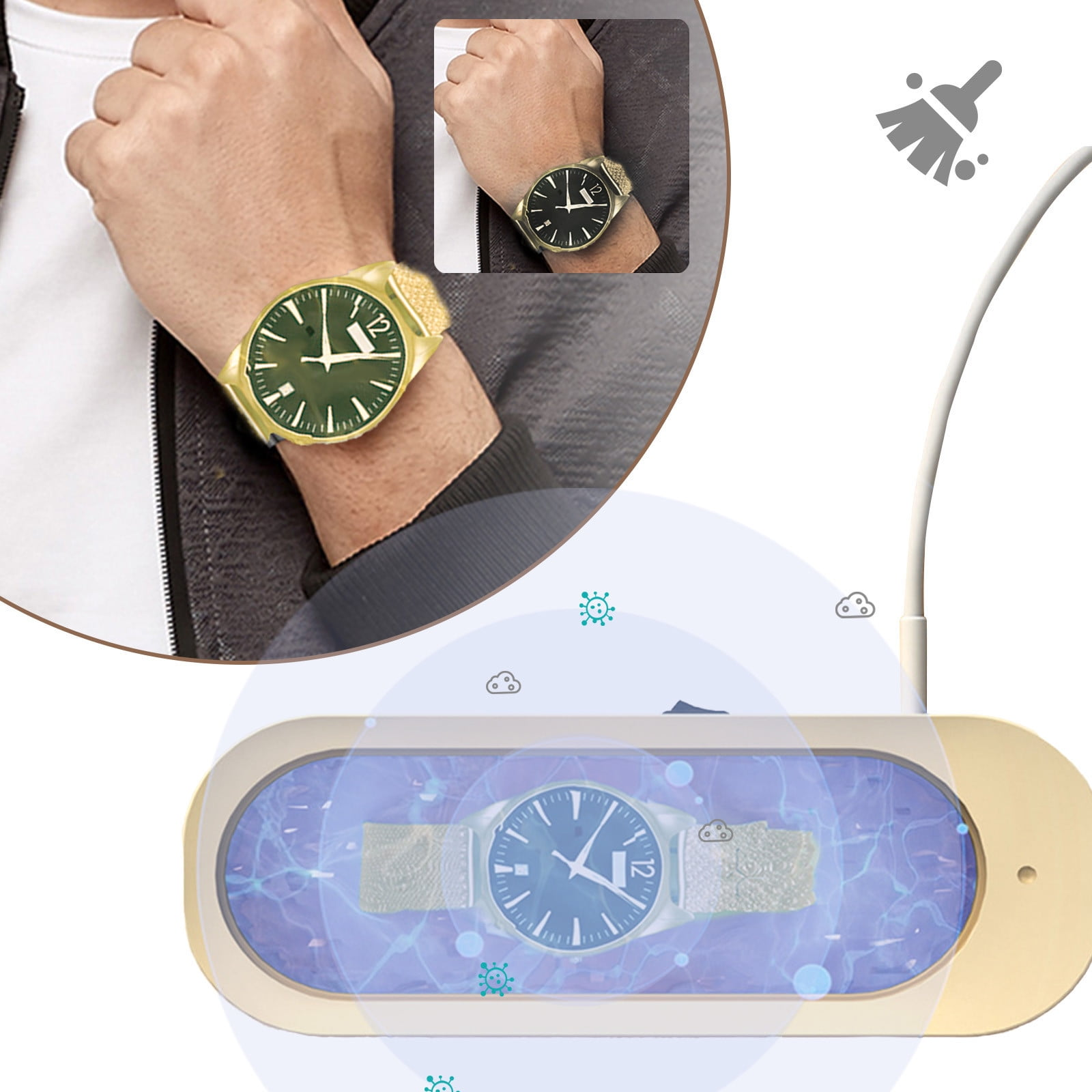 Eine goldene Uhr am Handgelenk, eine andere Uhr in einer Box und eine Uhr in einem Reinigungsgerät.
