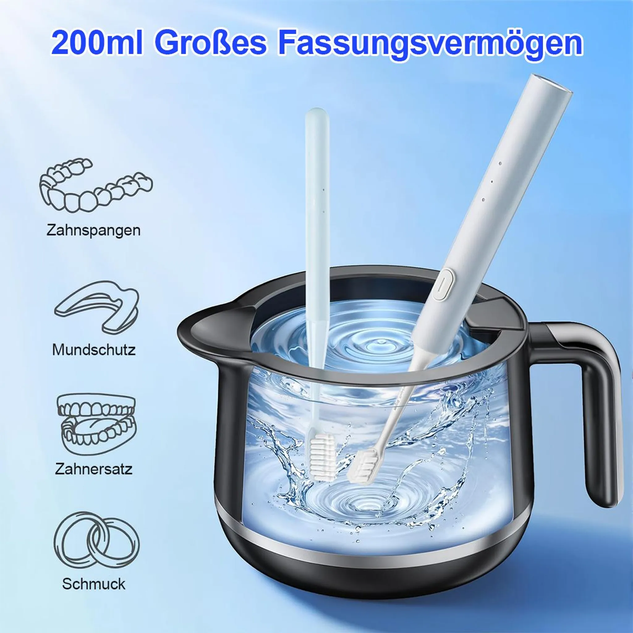 Ein Zahnreinigungsgerät mit Komponenten, darunter ein Wassertank, Bürsten und ein Reinigungswerkzeug, vor blauem Hintergrund.