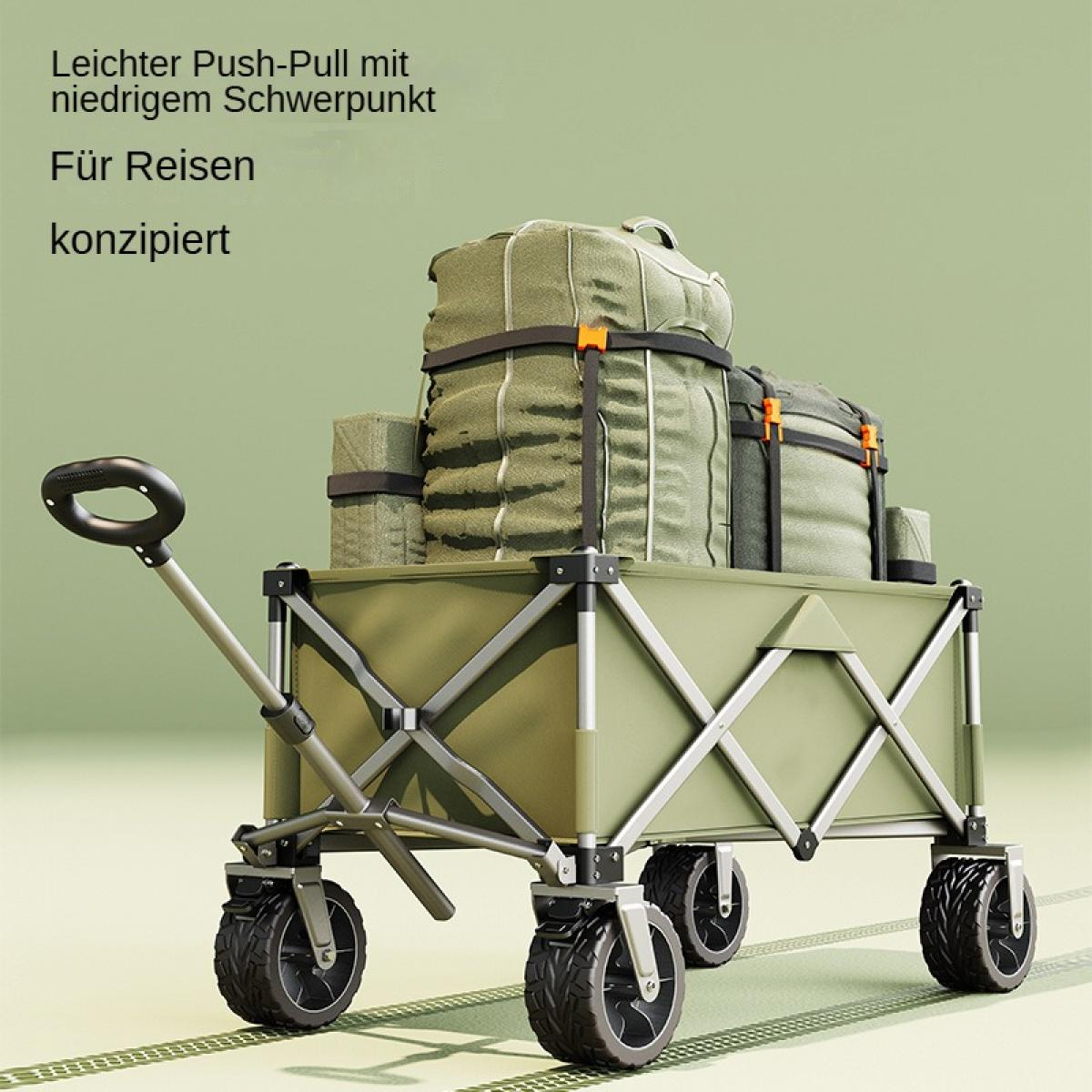 Ein grüner Transportwagen mit Gepäck, für Reisen konzipiert. Er hat einen Ziehgriff und vier Räder. Text auf Deutsch ist sichtbar.