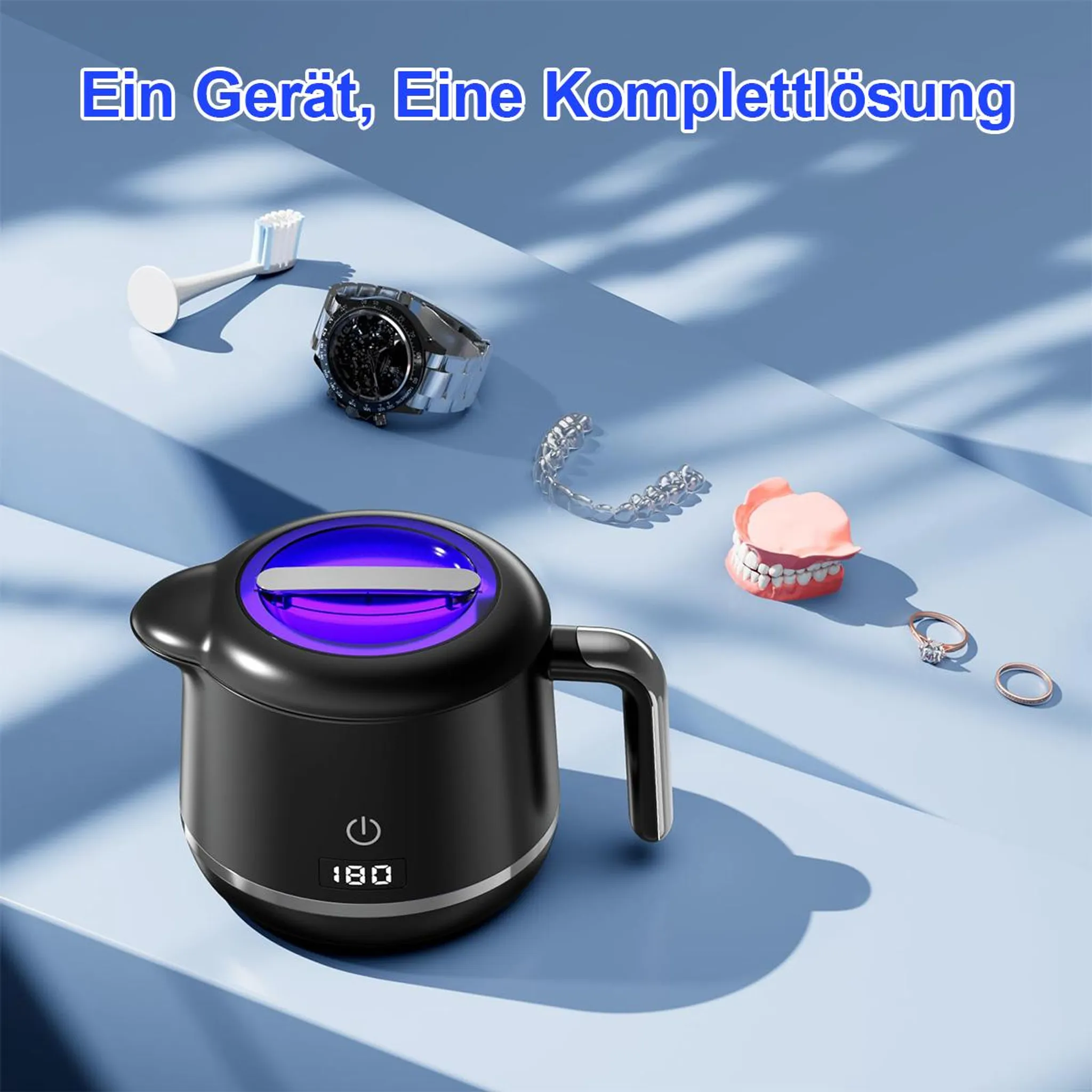 Ein schwarzer Sterilisator mit Gegenständen wie einer Uhr, einem Zahnmodell, Ringen und einer Zahnbürste auf blauem Grund.