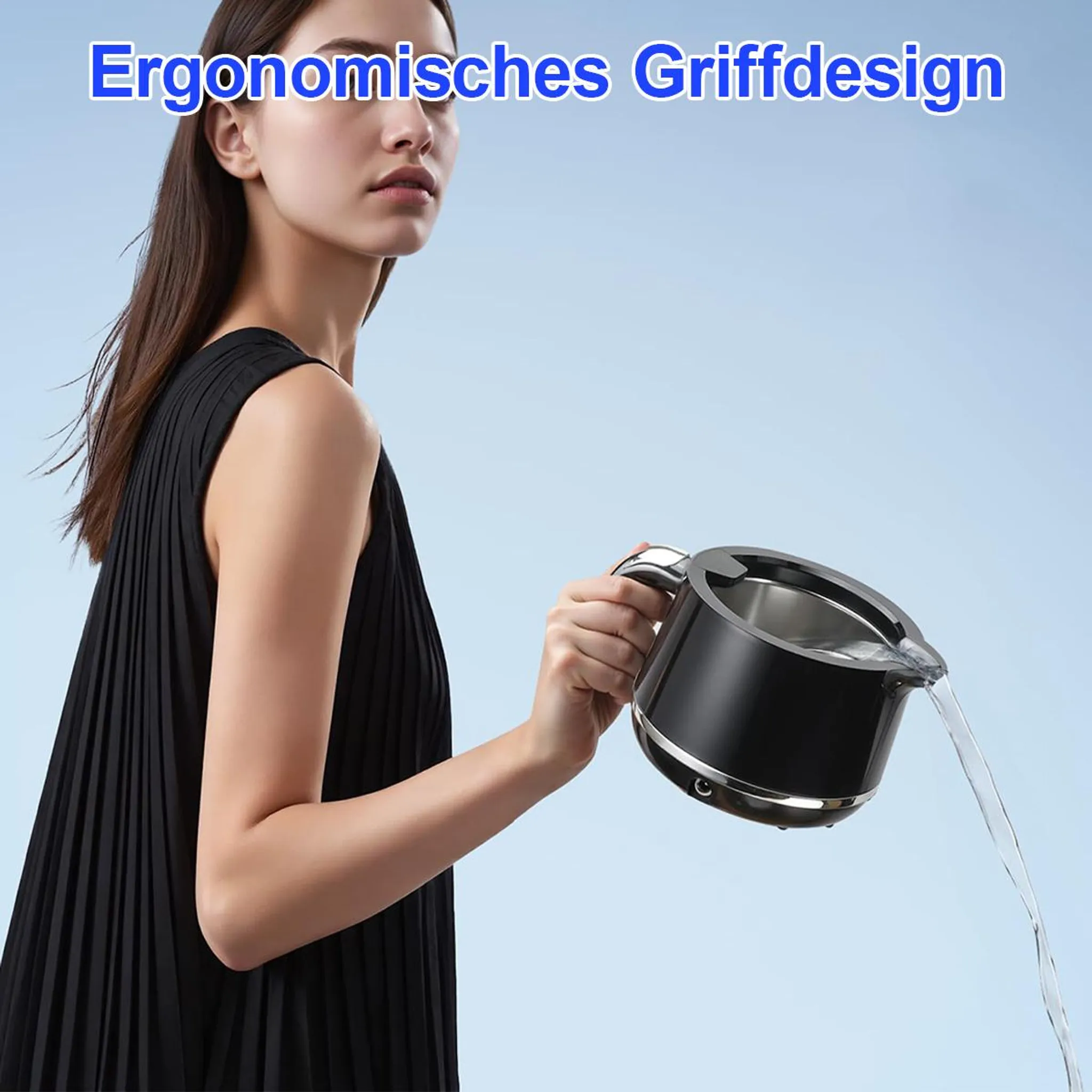 Eine Frau in einem schwarzen Kleid gießt Wasser aus einem schwarzen Wasserkocher mit silbernem Griff. Text: 'Ergonomisches Griffdesign'.