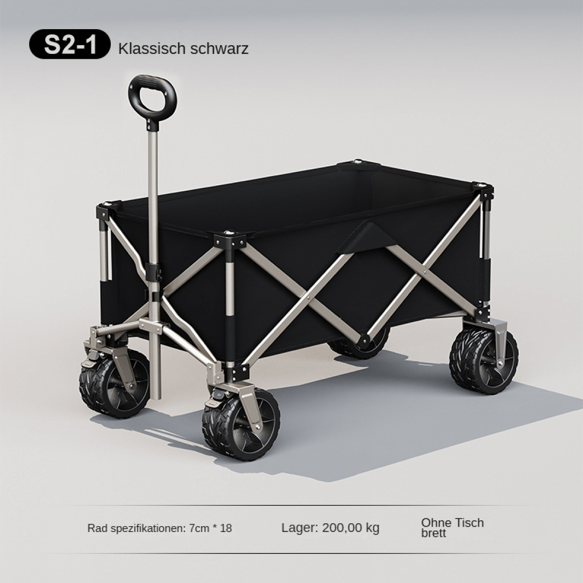 Ein schwarzer Klappwagen mit silbernem Rahmen und schwarzen Rädern. Er hat einen Griff. Text: Klassisch schwarz, Rad spezifikationen: 7cm * 18.