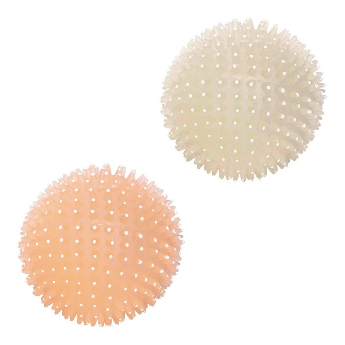 Due palline appuntite e strutturate. Una è arancione chiaro, l'altra color crema. Entrambe hanno punti bianchi e sono su sfondo bianco.