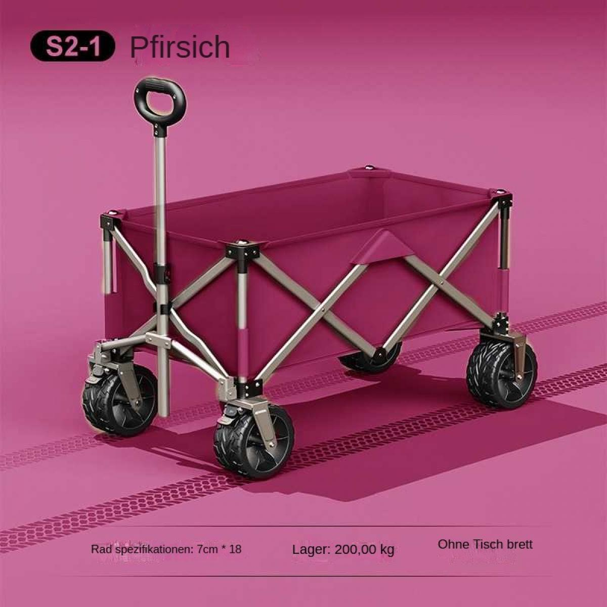 Ein faltbarer, weinroter Wagen mit schwarzen Rädern und einem Griff. Der Hintergrund ist ein einfarbiger rosa Farbton.