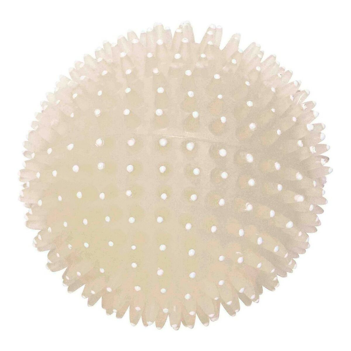 Una palla beige, appuntita, con puntini bianchi, isolata su sfondo bianco. Sembra un giocattolo o una palla antistress.