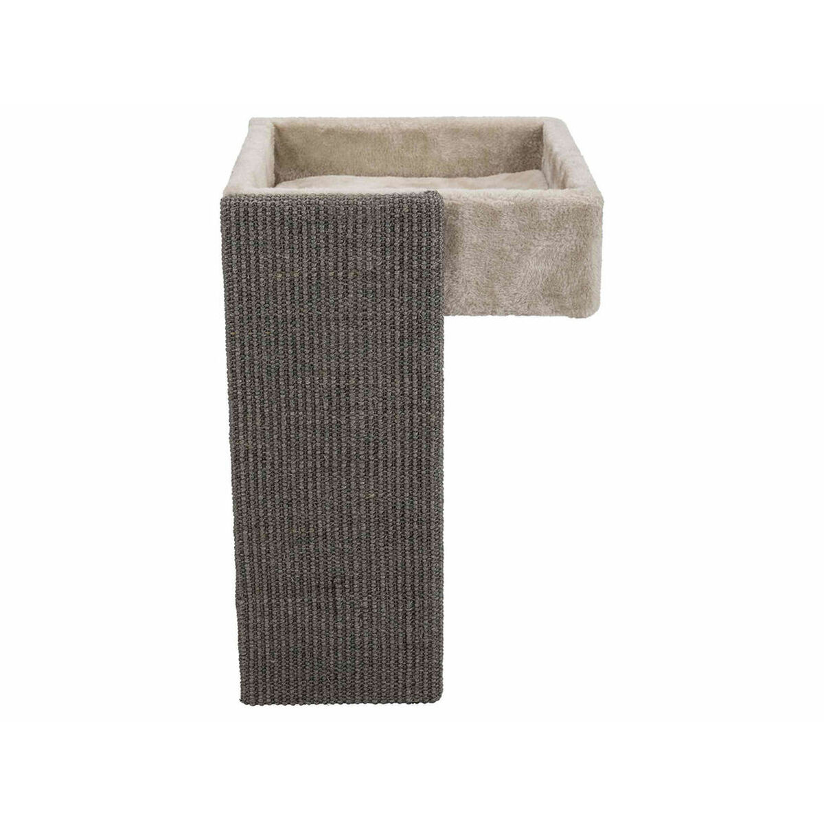 Ein Kratzbaum mit rechteckigem Bett oben, getragen von einem vertikalen, strukturierten Pfosten. Das Bett ist beige, der Pfosten ist braun.