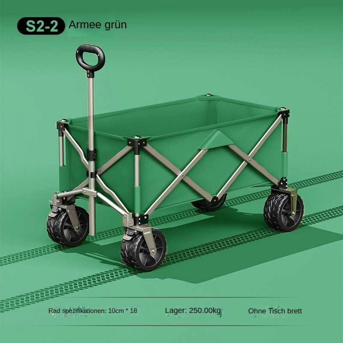 Ein grüner Klappwagen auf grünem Untergrund. Er hat schwarze Räder, einen Griff und ein Metallgestell. Oben steht 'Armee grün'.
