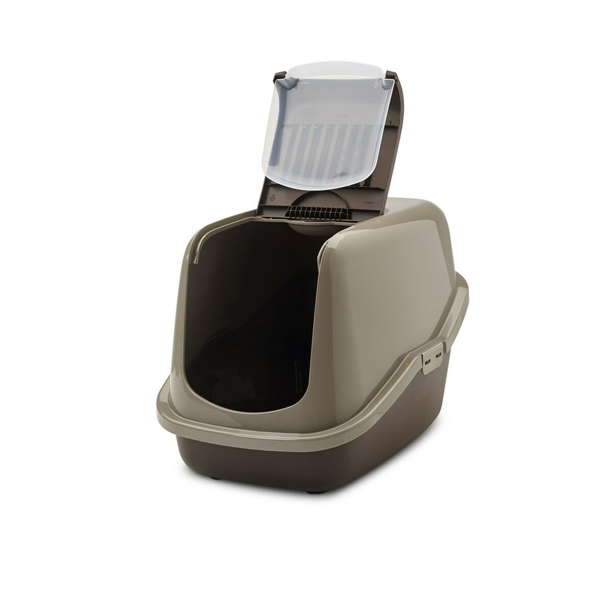 Una caja de arena para gatos abierta de dos tonos. La parte superior es beige, la inferior marrón. Una solapa de plástico transparente está levantada.