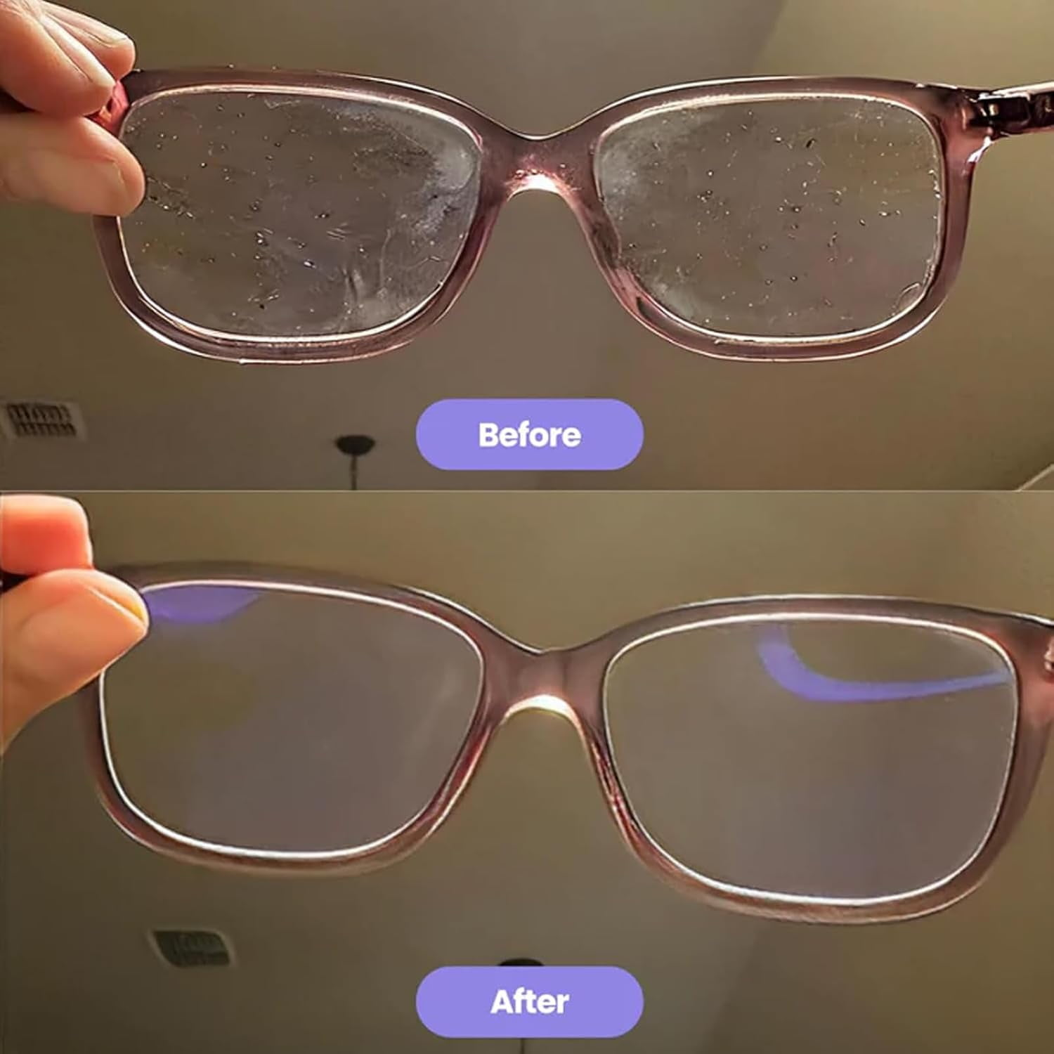 Vergleich von Brillen vor und nach der Reinigung. Die schmutzige Brille wird von einer Hand gehalten. Die gereinigte Brille auch.
