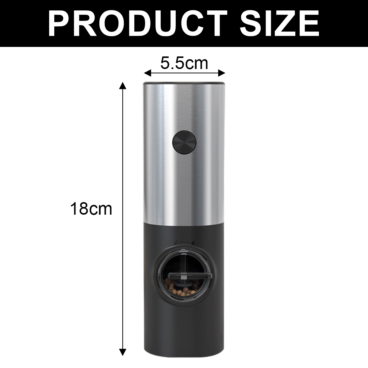 Ein Produktgrößenbild. Die Pfeffermühle ist 18 cm hoch und 5,5 cm breit. Die Oberseite ist silberfarben, die Unterseite schwarz.