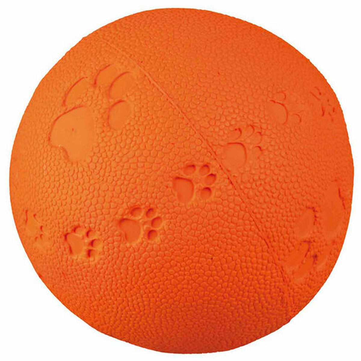 Una pelota naranja con huellas de patas. La pelota tiene textura y varias huellas de patas en un tono naranja más claro.