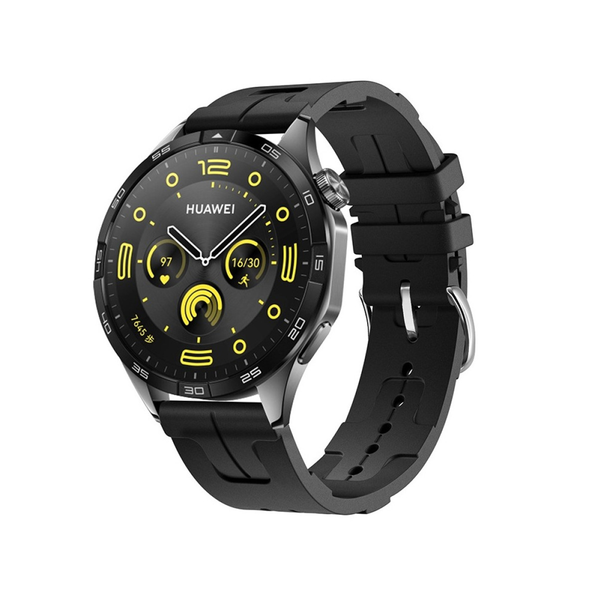 Eine Huawei-Smartwatch mit schwarzem Armband. Das Zifferblatt ist schwarz mit gelben Akzenten, die Uhrzeit und Gesundheitsdaten anzeigen.