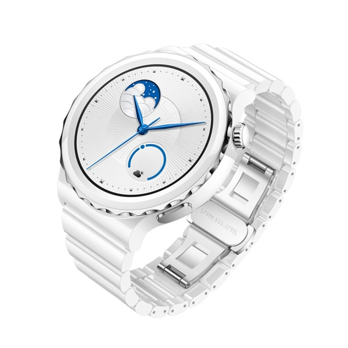 Eine weiße Smartwatch auf weißem Hintergrund. Das Zifferblatt zeigt eine Mondphase. Das Armband ist aus Edelstahl.