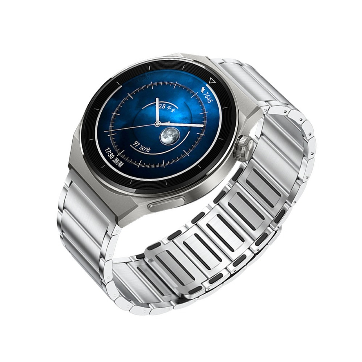 Eine silberne Smartwatch mit blauem Zifferblatt, die Uhrzeit und Datum anzeigt, mit silbernem Metallarmband auf weißem Hintergrund.