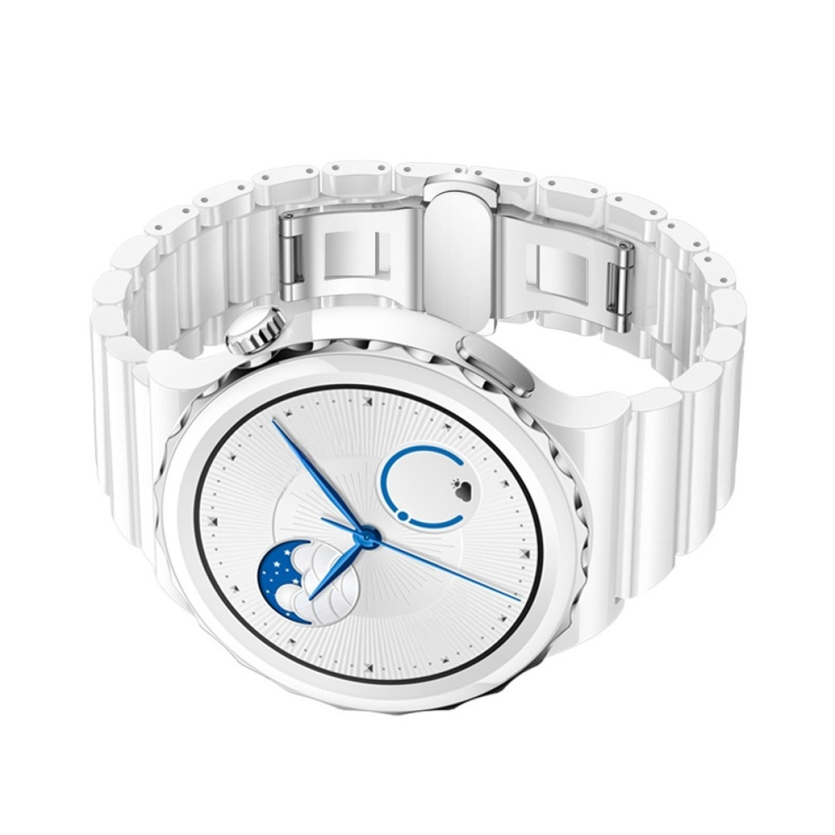 Eine weiße Smartwatch mit rundem Zifferblatt und weißem Armband. Das Zifferblatt hat blaue Zeiger und eine Mondphasenanzeige.