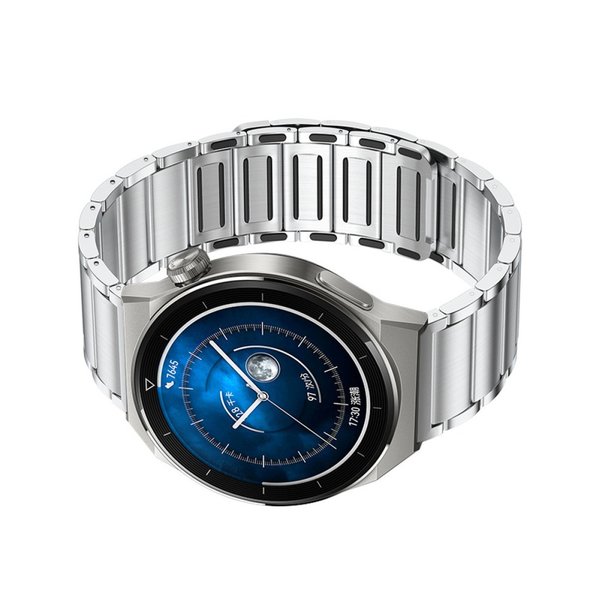 Eine silberne Smartwatch mit blauem Zifferblatt zeigt Uhrzeit und Datum an. Die Uhr hat ein Metallarmband und ist vor weißem Hintergrund platziert.