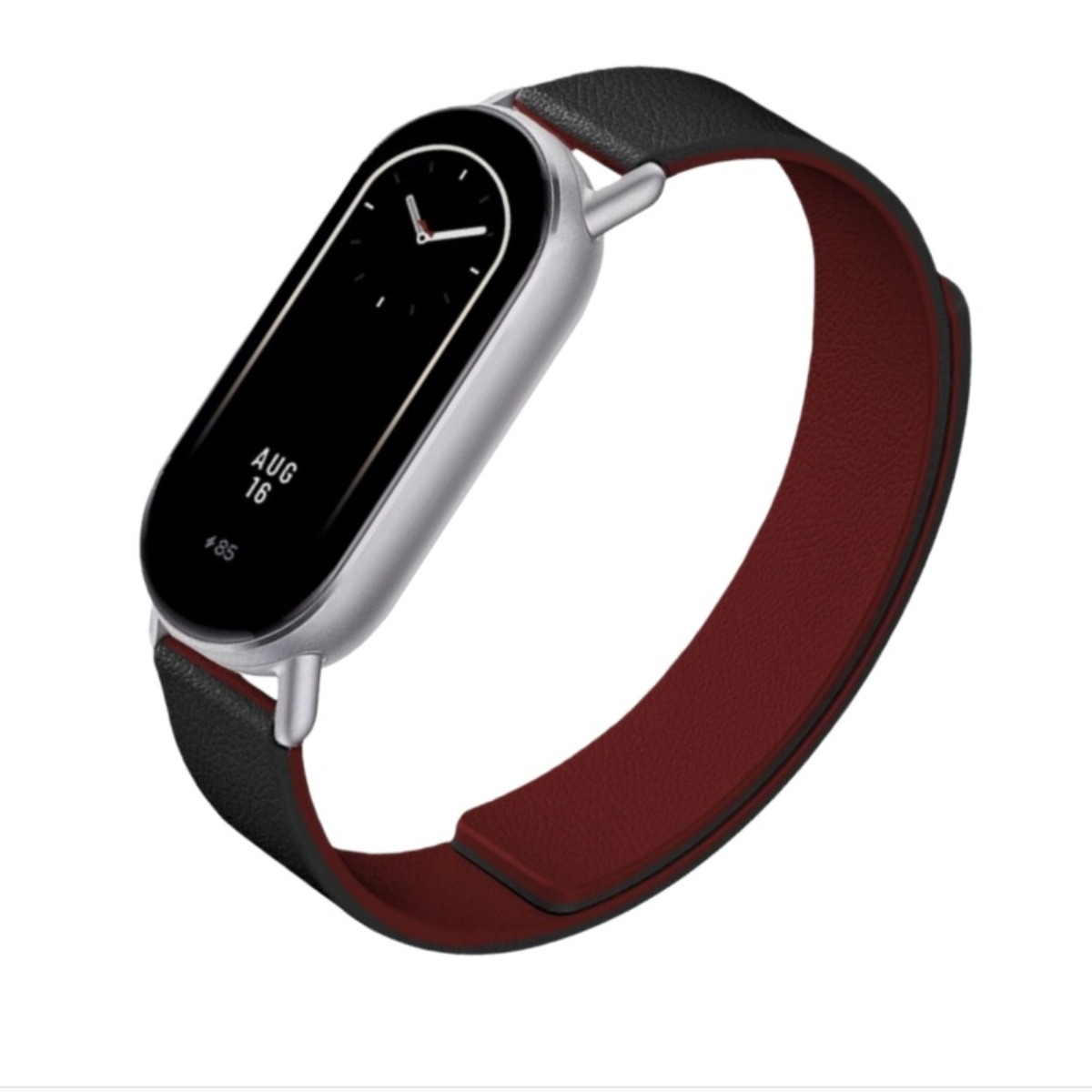 Eine Smartwatch mit schwarzem Bildschirm, der Uhrzeit und Datum anzeigt. Sie hat einen silbernen Rahmen und ein schwarzes und kastanienbraunes Lederarmband.