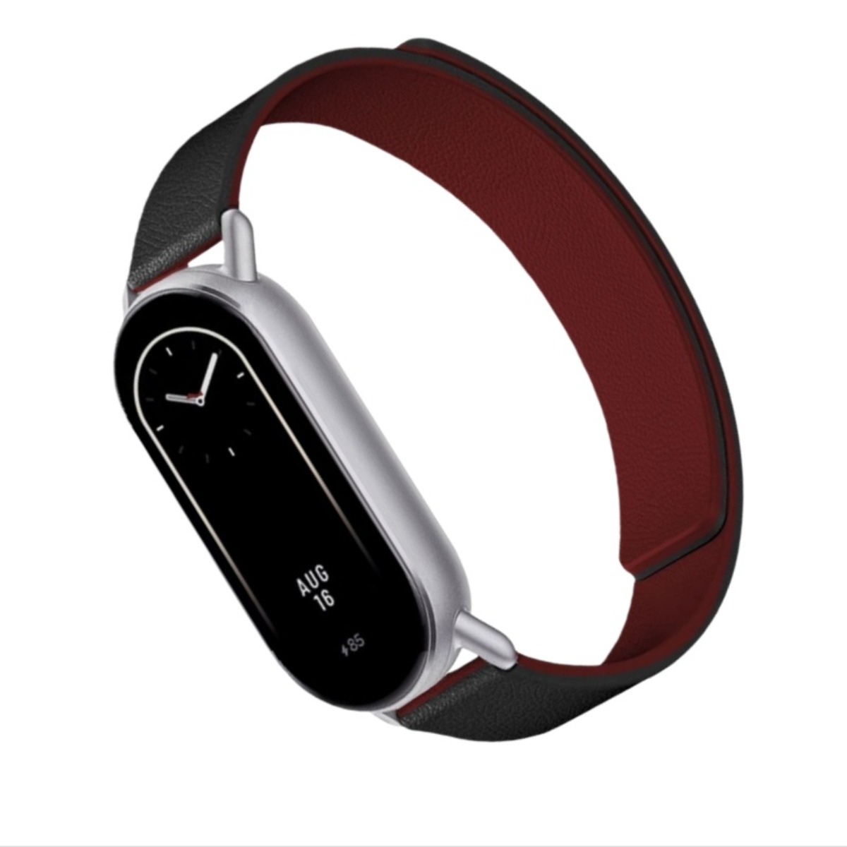 Eine silberne Smartwatch mit schwarzem Bildschirm, der Datum und Uhrzeit anzeigt. Sie hat ein schwarzes und kastanienbraunes Lederarmband.