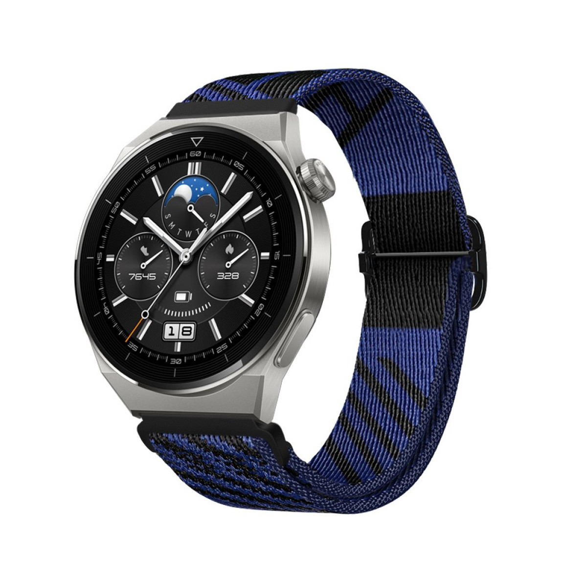 Eine silberne Smartwatch mit schwarzem Zifferblatt und blauem und schwarz gemustertem Armband. Die Uhr zeigt Datum und Uhrzeit an.