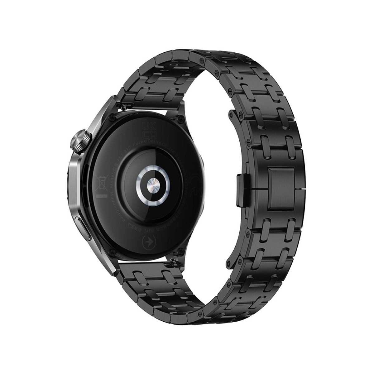 Eine schwarze Smartwatch mit Metallarmband vor weißem Hintergrund. Die Rückseite der Uhr mit Details und Branding ist sichtbar.