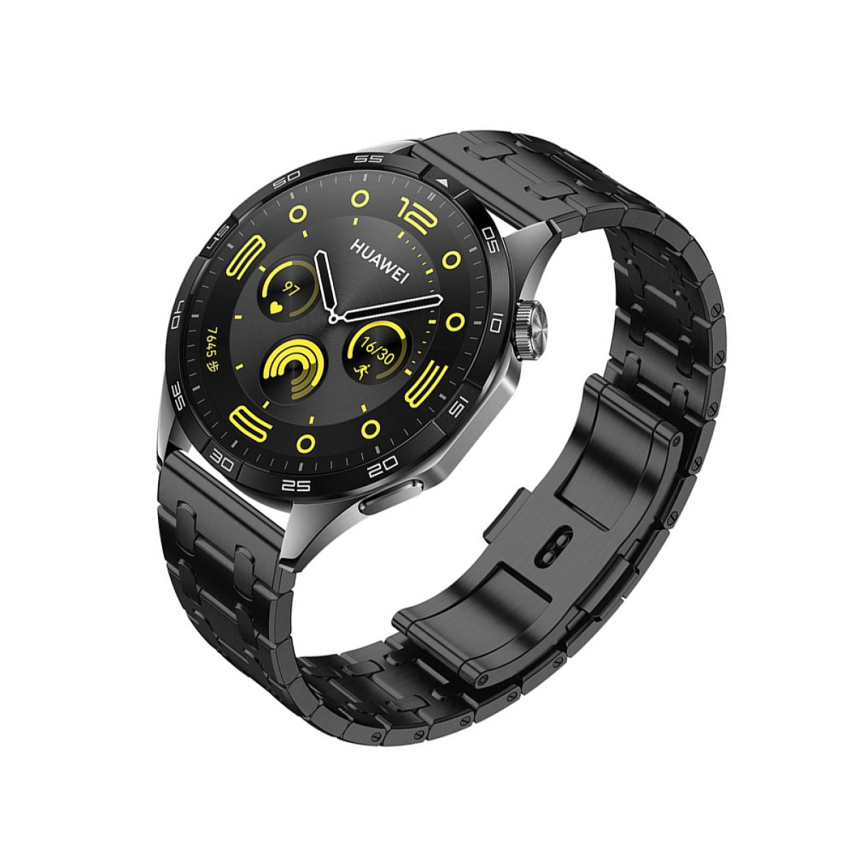 Eine schwarze Huawei-Smartwatch mit einem schwarzen Metallarmband. Das Zifferblatt ist schwarz mit gelben Akzenten und zeigt Zeit und Daten an.
