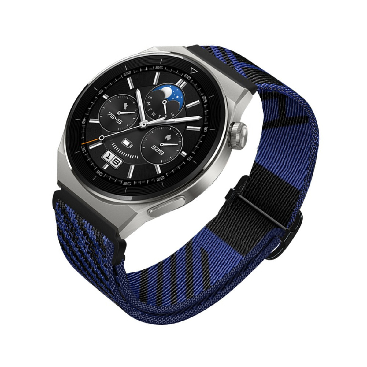 Eine silberne Smartwatch mit schwarzem Zifferblatt und blau-schwarzem Armband wird gezeigt. Die Uhr zeigt Datum und Uhrzeit an.