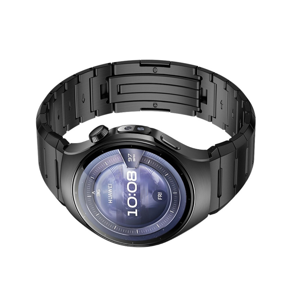 Schwarze Huawei Smartwatch. Zeigt 10:08 und Freitag an. Metallarmband. Die Uhr ist auf weißem Hintergrund isoliert.