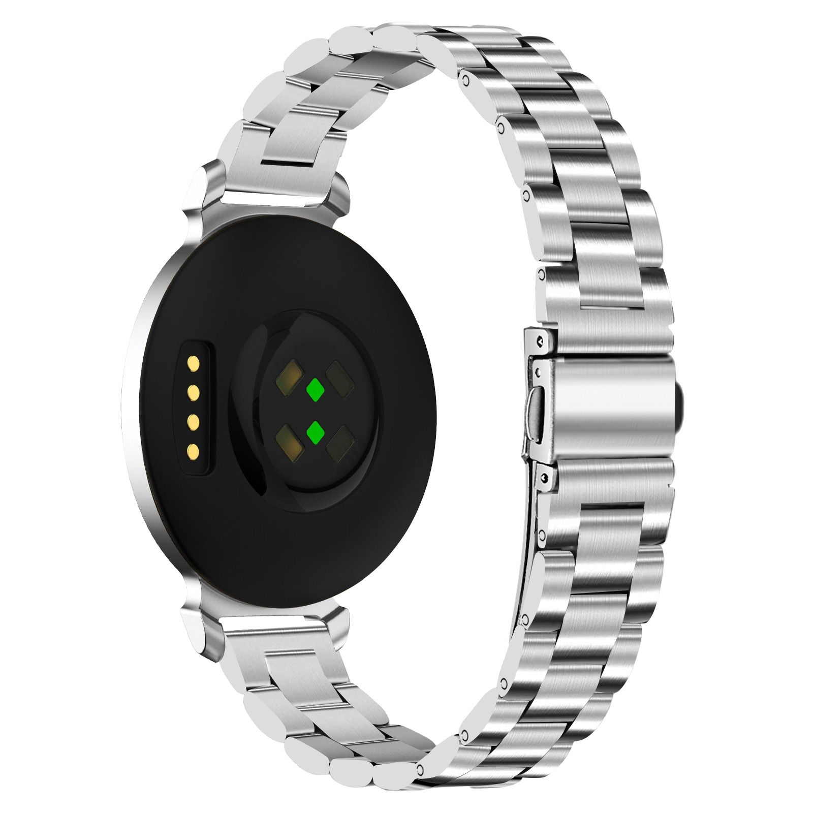 Eine silberne Smartwatch mit einem schwarzen kreisförmigen Rücken, der Sensoren zeigt. Das Armband ist ebenfalls silber.