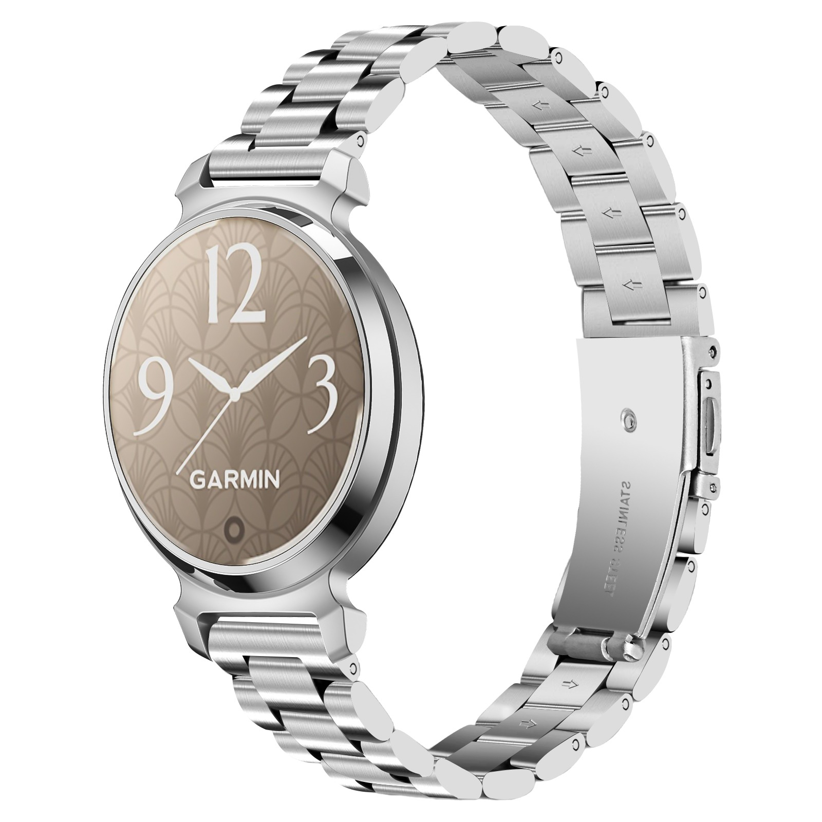 Eine silberne Garmin Smartwatch mit beigem Zifferblatt mit 12, 3 und 9. Sie hat ein silbernes Armband.