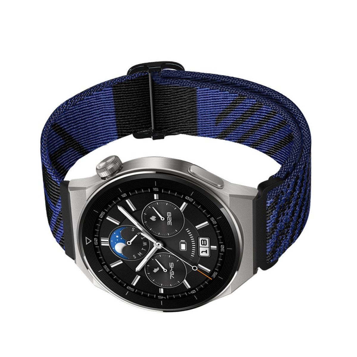 Uno smartwatch argentato con quadrante nero e cinturino blu e nero è mostrato su sfondo bianco.