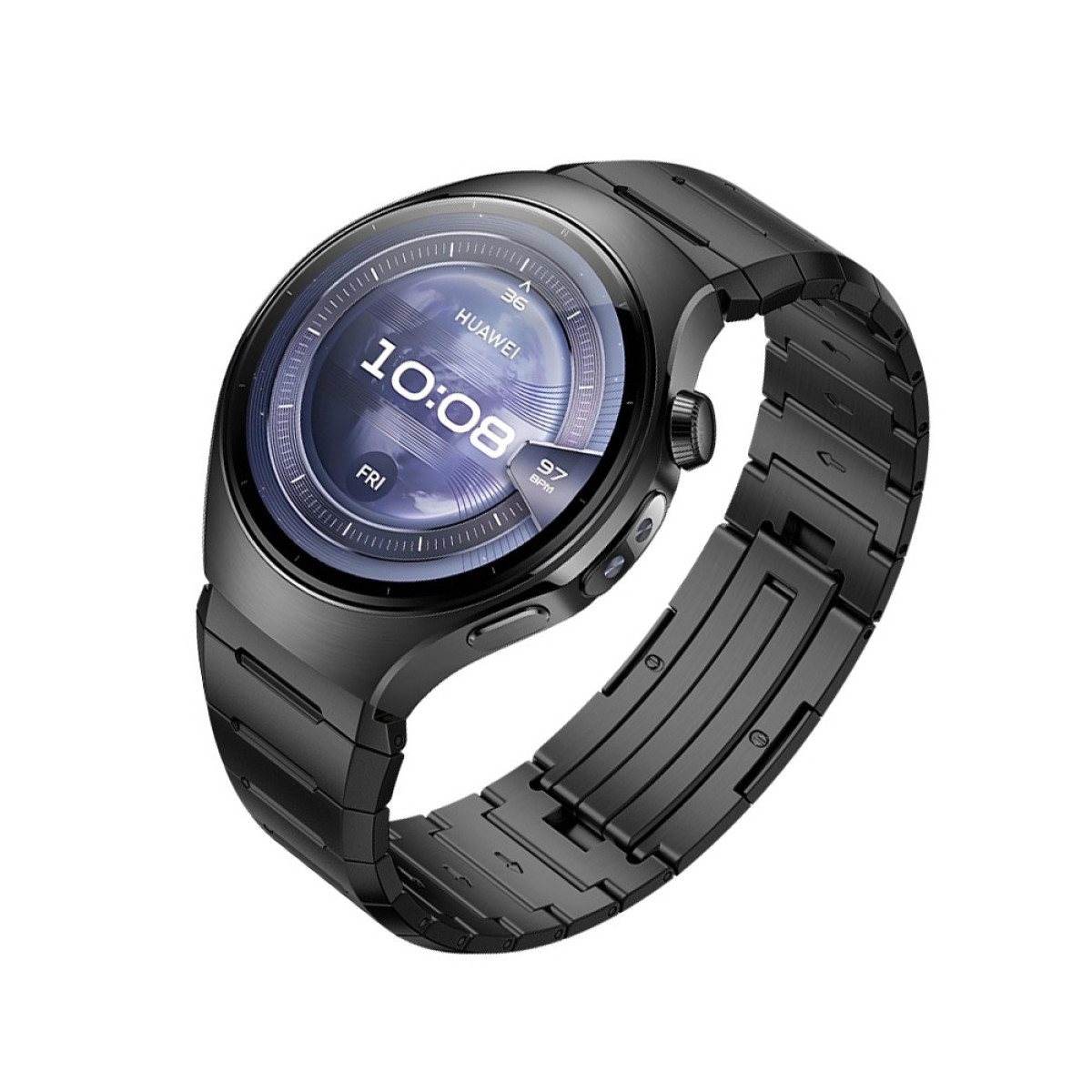Eine schwarze Huawei-Smartwatch zeigt 10:08 auf dem Bildschirm an. Die Uhr hat ein Metallband und ein schwarzes Gehäuse. Die Uhr befindet sich auf weißem Hintergrund.