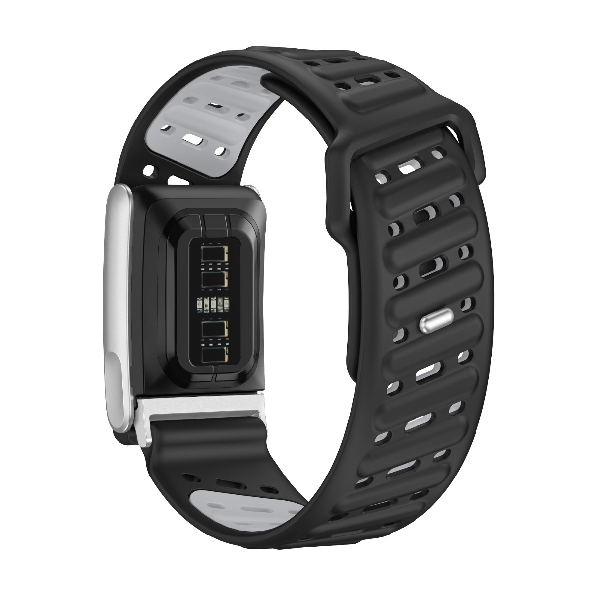 Schwarz-grauer Fitnesstracker. Schwarzes Band mit Löchern, silberne Kanten und ein schwarzer Bildschirm mit Daten. Weißer Hintergrund.