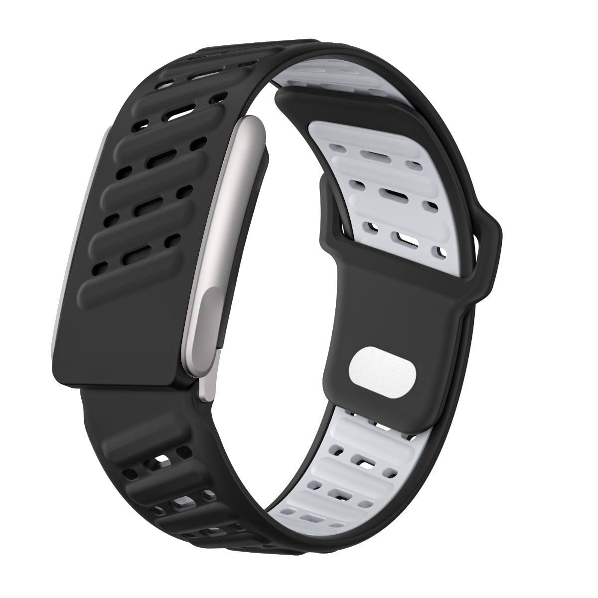 Ein schwarz-weißes Smartwatch-Armband. Schwarzes äußeres Band mit Löchern, weißes inneres Band. Silberne Uhrenkomponente.