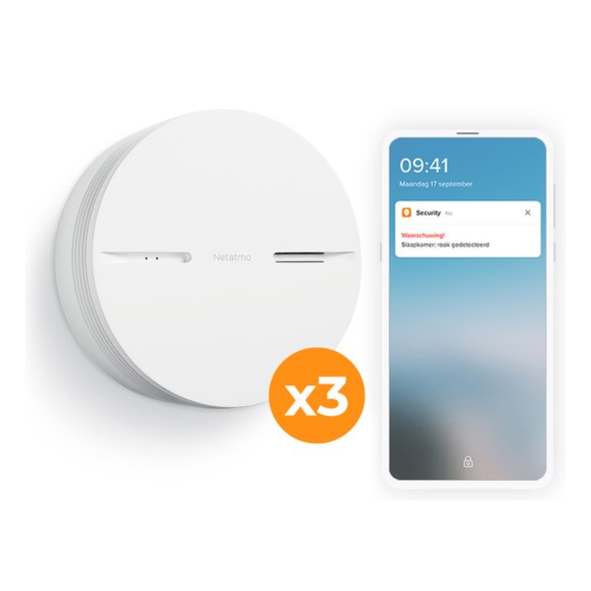 Un détecteur de fumée Netatmo blanc et un smartphone affichant une alerte de sécurité : « Fumée détectée dans la chambre ».