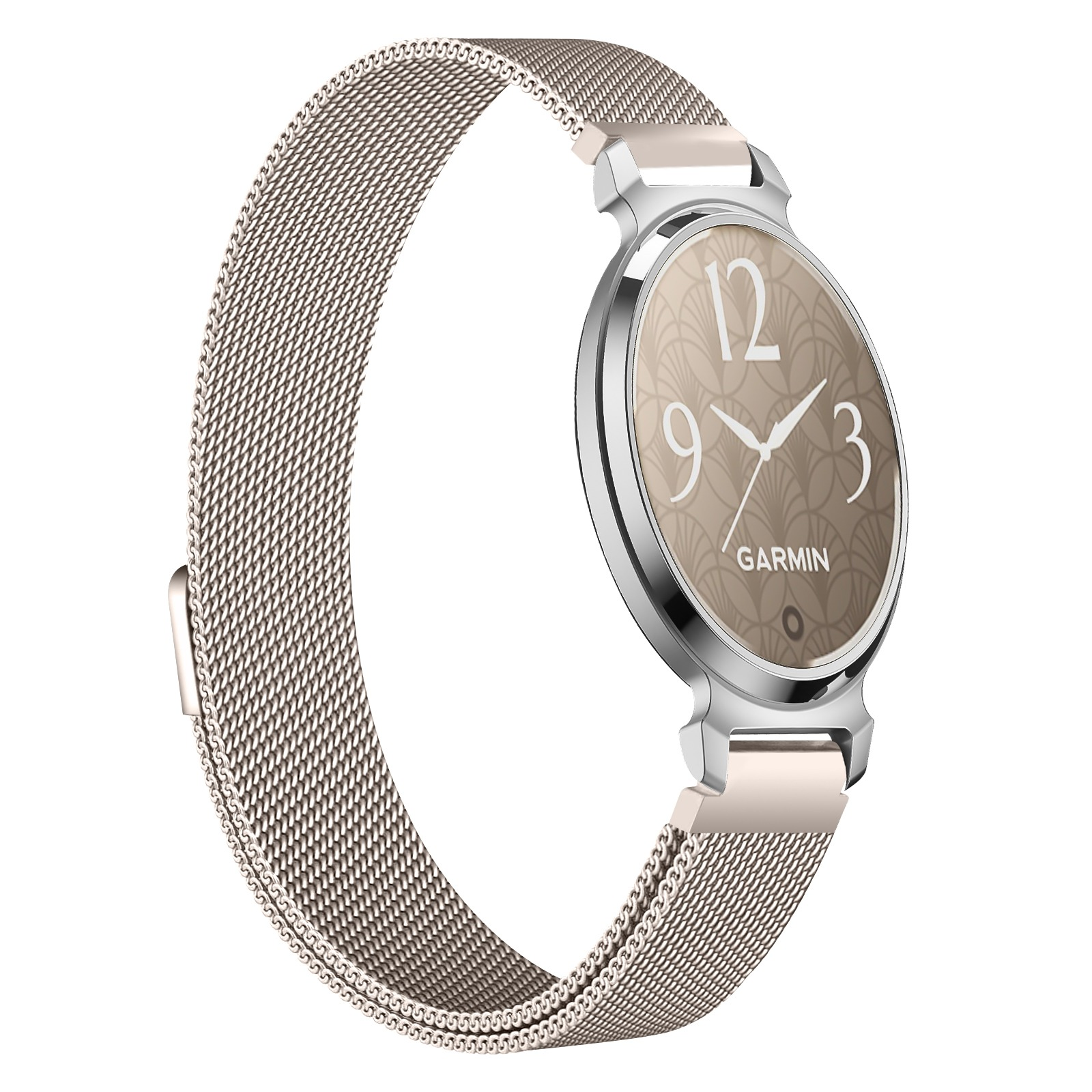 Silberne Smartwatch mit Mesh-Armband. Das Zifferblatt ist beige mit weißen Zahlen und Zeigern. Das Armband ist gebogen.