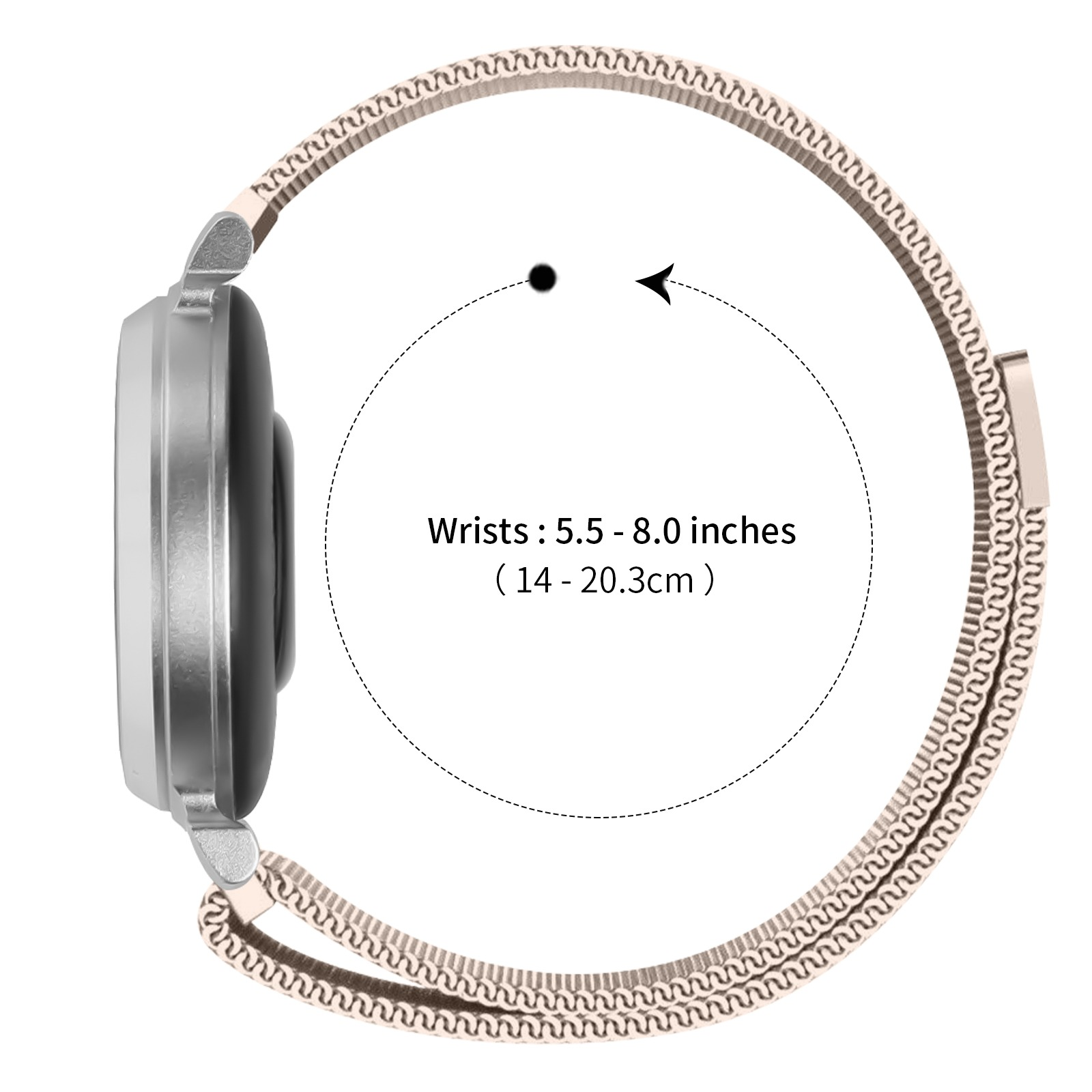 Eine silberne Smartwatch mit Mesh-Armband. Text zeigt Handgelenkgröße: 5,5 - 8,0 Zoll (14 - 20,3 cm).
