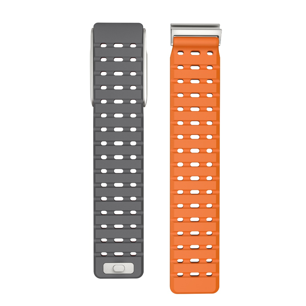 Zwei Armbänder. Eines ist grau, das andere orange. Beide haben Löcher und einen Verschluss am Ende.
