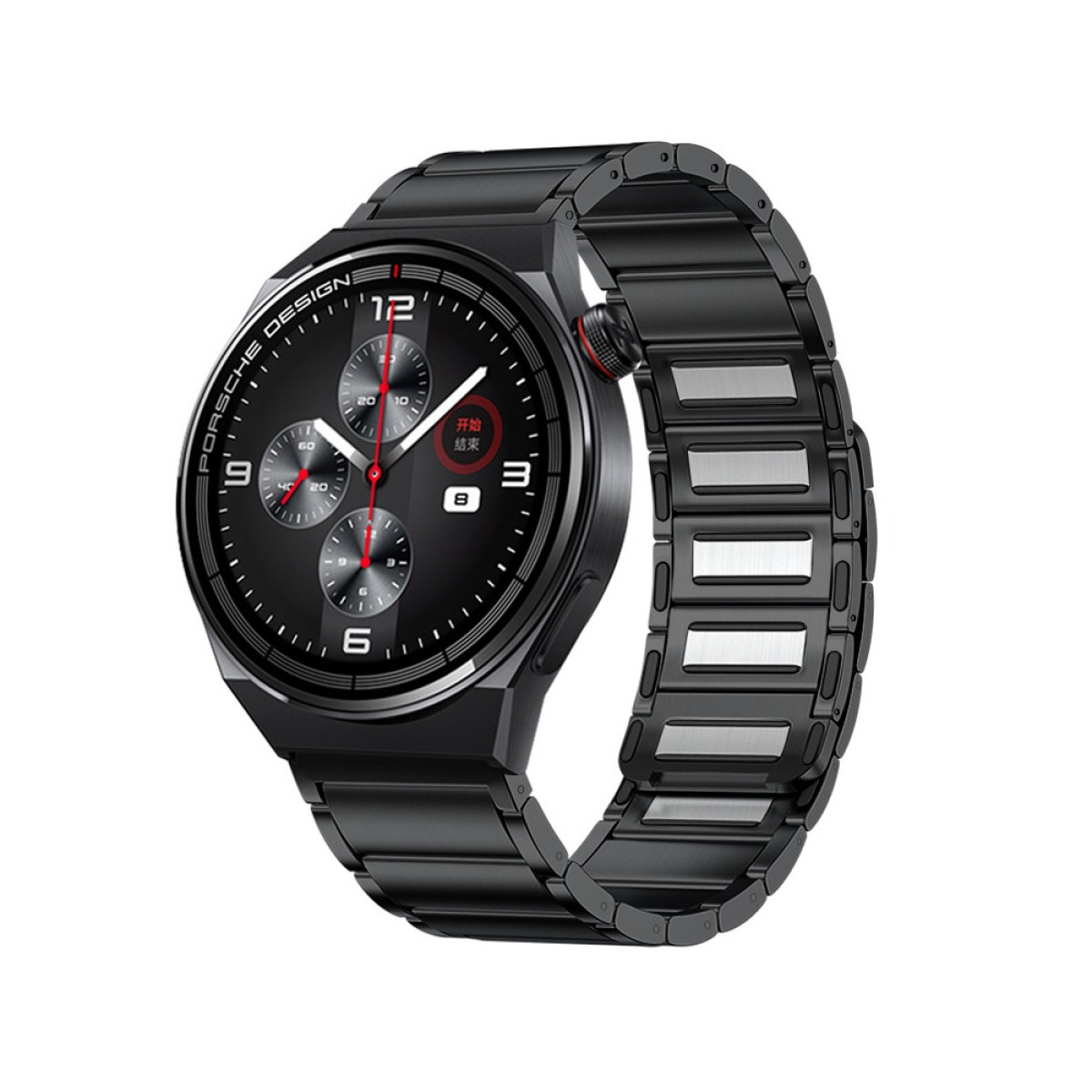Eine schwarze Porsche Design Smartwatch mit schwarzem Metallarmband. Das Zifferblatt zeigt Zahlen und kleine Zifferblätter. Der Hintergrund ist weiß.