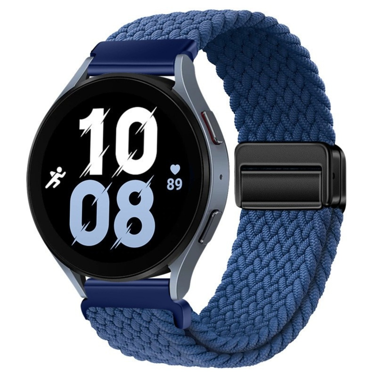 Eine runde Smartwatch mit blauem geflochtenem Armband. Das Zifferblatt zeigt die Uhrzeit '10:08'. Das Band hat einen schwarzen Verschluss.