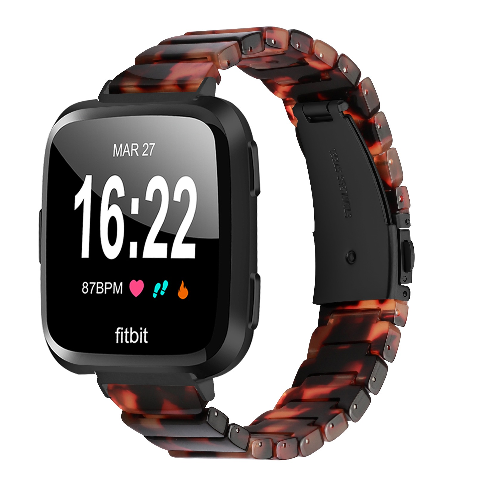 Eine Fitbit-Smartwatch mit Schildpatt-Armband zeigt die Uhrzeit 16:22 an. Das Armband ist schwarz und braun.