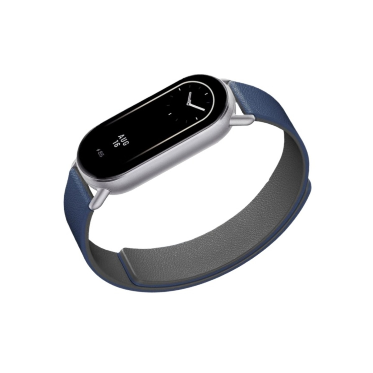 Eine Smartwatch mit schwarzem Bildschirm, der Zeit und Datum anzeigt, silbernem Gehäuse und blauem Lederarmband.